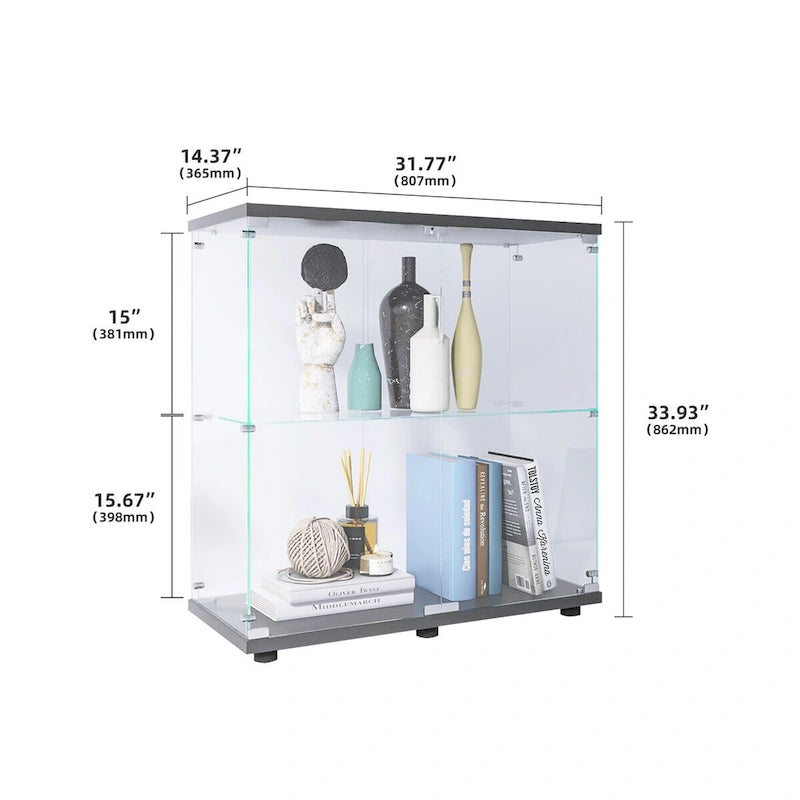 Vitrine en verre à deux portes avec 2 étagères, présentoir de rangement sur pied, élégante vitrine pour objets de collection, décoration, livres dans le salon et le bureau