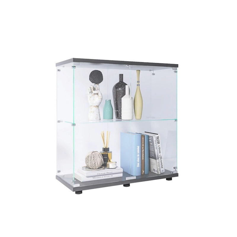 Vitrine en verre à deux portes avec 2 étagères, présentoir de rangement sur pied, élégante vitrine pour objets de collection, décoration, livres dans le salon et le bureau