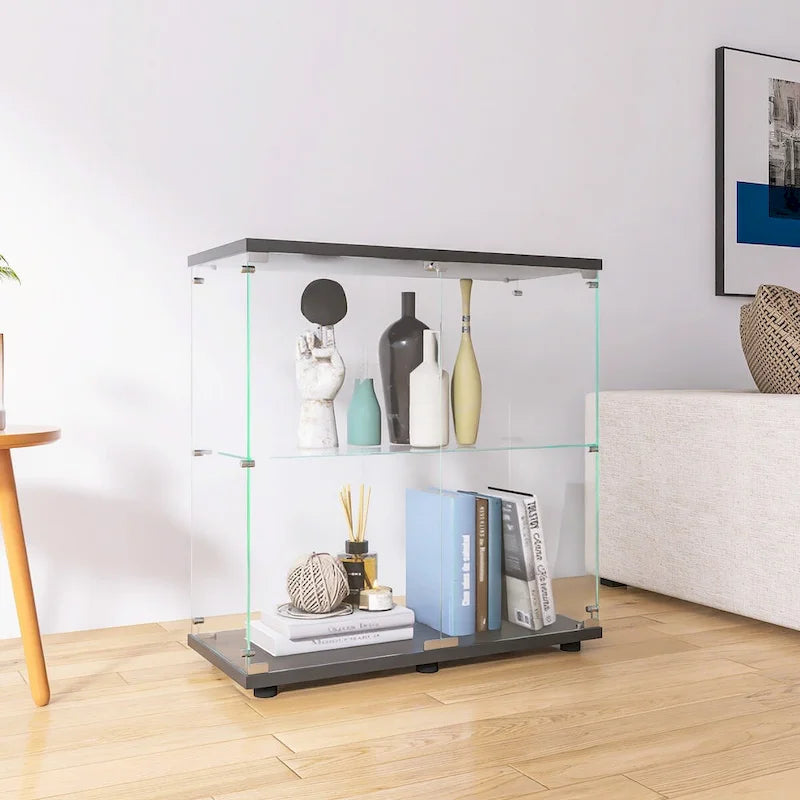Vitrine en verre à deux portes avec 2 étagères, présentoir de rangement sur pied, élégante vitrine pour objets de collection, décoration, livres dans le salon et le bureau