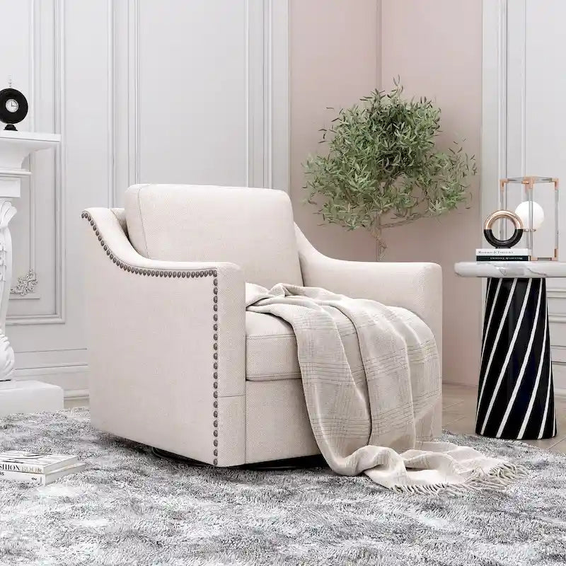 Fauteuil pivotant à 360 degrés au design ergonomique avec finition en clous de laiton, blanc