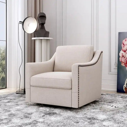 Fauteuil pivotant à 360 degrés au design ergonomique avec finition en clous de laiton, blanc