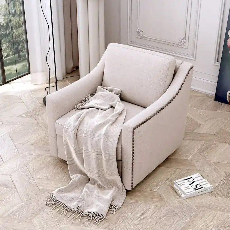 Fauteuil pivotant à 360 degrés au design ergonomique avec finition en clous de laiton, blanc