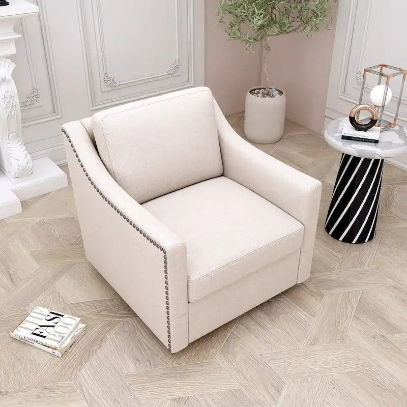 Fauteuil pivotant à 360 degrés au design ergonomique avec finition en clous de laiton, blanc