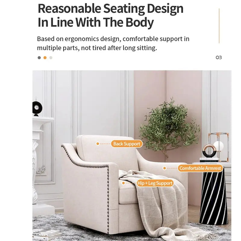 Fauteuil pivotant à 360 degrés au design ergonomique avec finition en clous de laiton, blanc