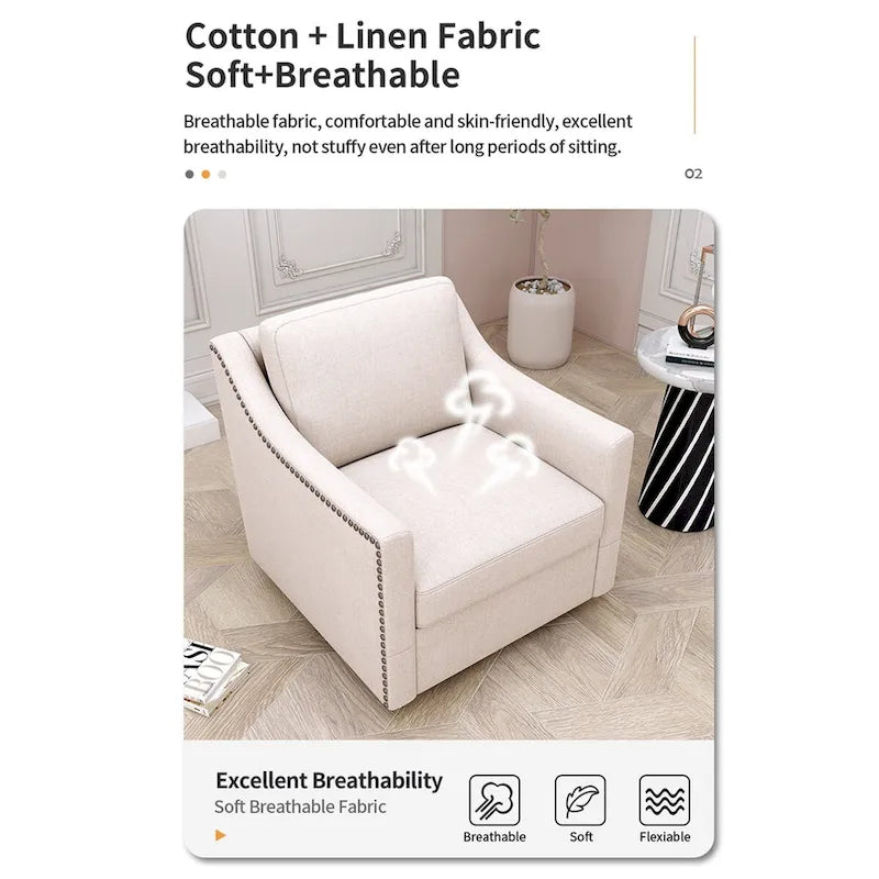 Fauteuil pivotant à 360 degrés au design ergonomique avec finition en clous de laiton, blanc