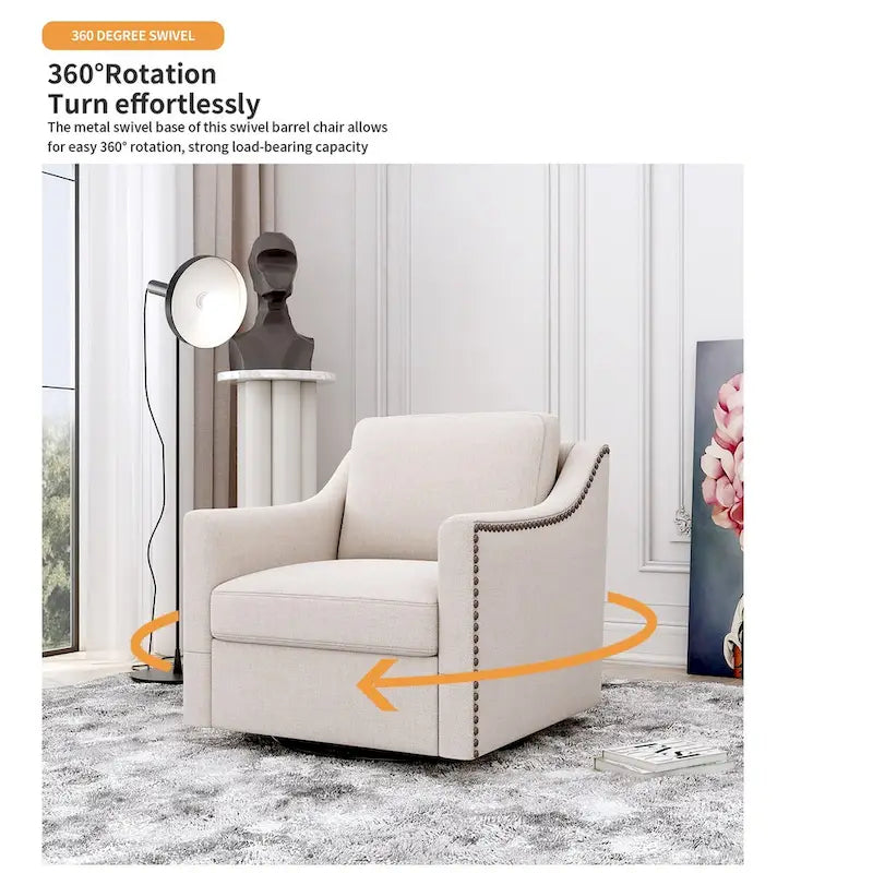 Fauteuil pivotant à 360 degrés au design ergonomique avec finition en clous de laiton, blanc